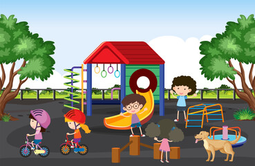Vibrant Cartoon Illustration of Children Playing at Playground