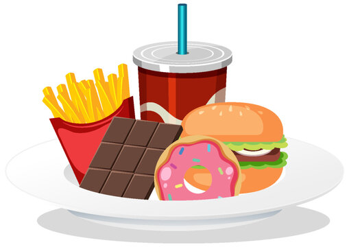 Unhealthy Junk Food Plate Set with Soda Drink, Fries, Burger, Donut, and Chocolate