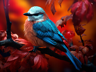 A blue bird sitting on a branch of a red tree