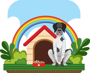 Adorable Dog Enjoying Food in Front of Dog House