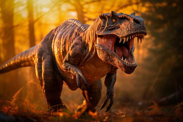 Tyrannosaurus rex roaring in a prehistoric forest with ferns and sunlight