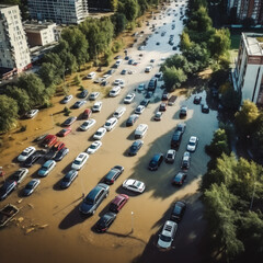 Flooded cars on the street of the city. AI Generative.