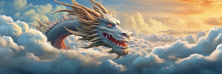 Unleash the legend - a majestic dragon soaring high amongst the clouds, a powerful embodiment of myth and fantasy! - obrazy, fototapety, plakaty