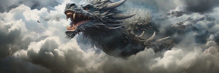 Unleash the legend - a majestic dragon soaring high amongst the clouds, a powerful embodiment of myth and fantasy! - obrazy, fototapety, plakaty