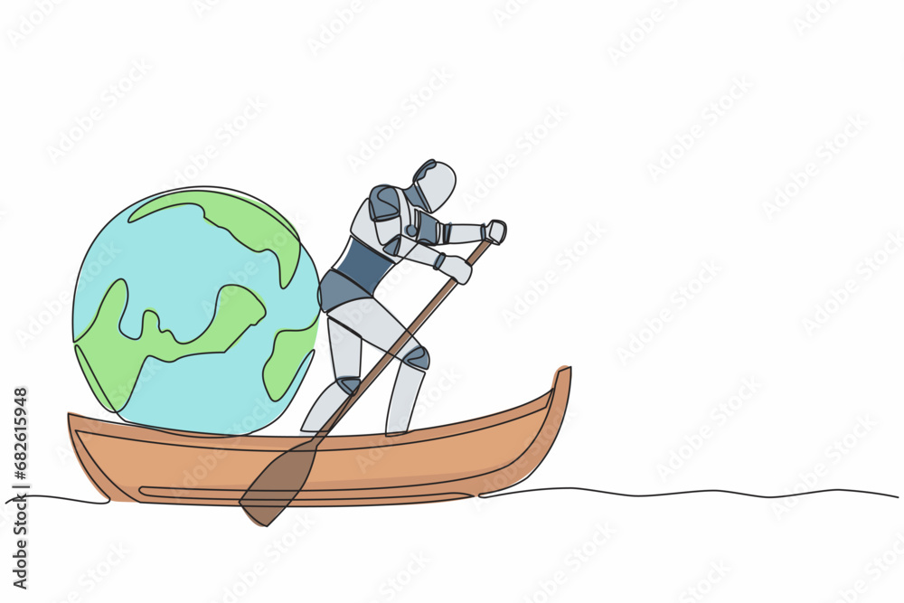 Poster one continuous line drawing artificial robot standing in boat and sailing with earth globe. taking t