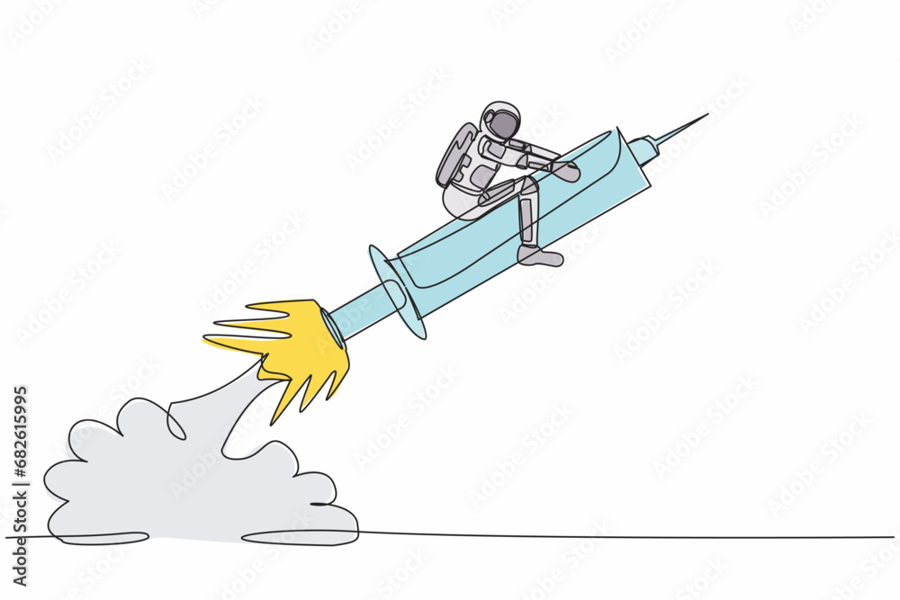 Poster continuous one line drawing astronaut riding syringe rocket flying in moon surface. examining the th