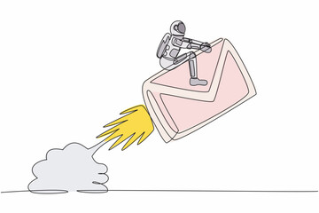 Single continuous line drawing astronaut riding paper envelope rocket flying in moon surface. Launching inter-galaxy digital messaging. Cosmonaut deep space. One line draw design vector illustration