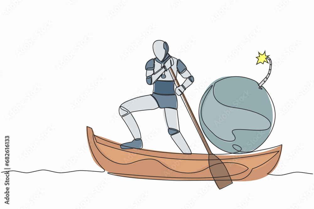 Poster continuous one line drawing of robot sailing away on boat with bomb. closed factory due to exploding