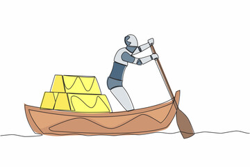 Single continuous line drawing robot sailing away on boat with stack of golden bullion. Gold investment in digital tech. Future technology development. One line draw graphic design vector illustration