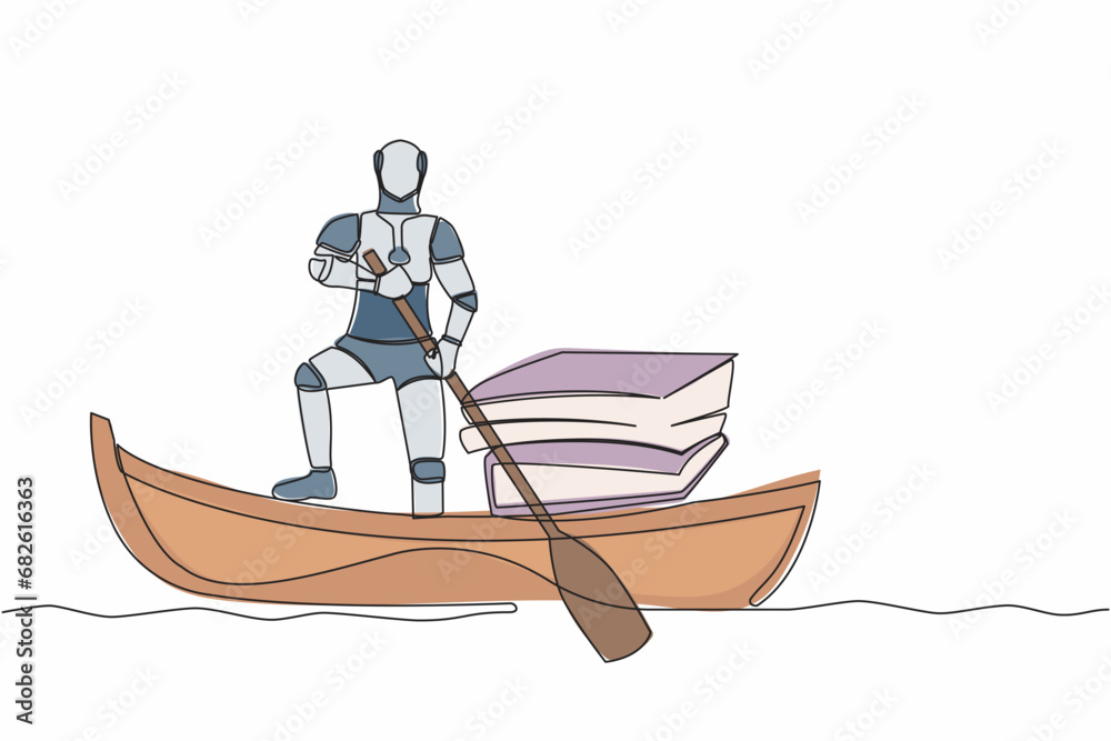 Poster single continuous line drawing robot sailing away on boat with stack of papers. manage digital docum