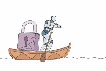Single one line drawing robot sailing away on boat with padlock. Security and shipping business protection. Modern robotic artificial intelligence. Continuous line design graphic vector illustration