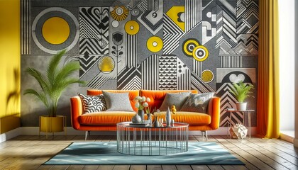 Modern eclectic living room with a bright orange sofa, mixed pattern pillows, and a retro-style coffee table against a bold graphic mural wall