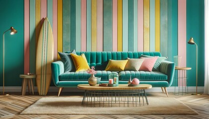 Retro modern living room with a teal velvet sofa, yellow and pink pillows, and a vintage surfboard coffee table against a pastel striped wall