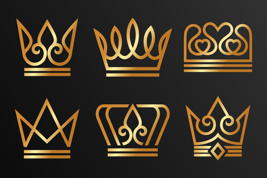Set of linear crown icons. Royal, luxury symbol. King, queen abstract geometric logo design vector .