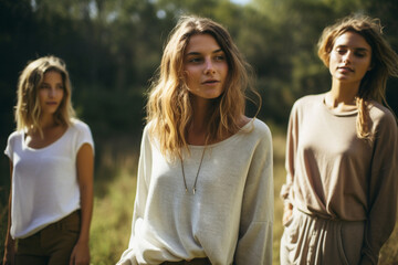 Obraz premium A group of women standing next to each other with natural looks in the forest