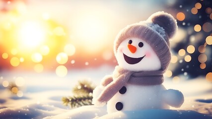 Obraz premium Winter holiday christmas background banner - Closeup laughing snowman with wool hat and scarf, on snowy snow snowscape with bokeh lights