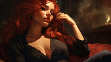 A seductive woman with red hair and a low cut black shirt