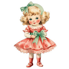 Vintage Christmas doll in a festive dress, isolated on transparent PNG background - obrazy, fototapety, plakaty