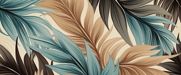 Wallpaper made of palm leaves in blue and gold, in the style of photorealistic pastiche,