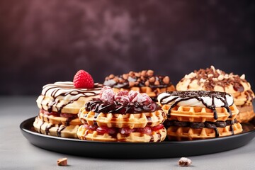 Photo front view yummy waffle cakes, copy space, generative ai