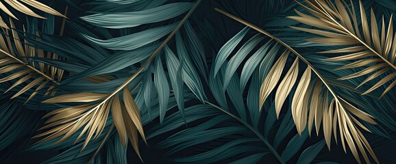 Wallpaper made of palm leaves in blue and gold, in the style of photorealistic pastiche,