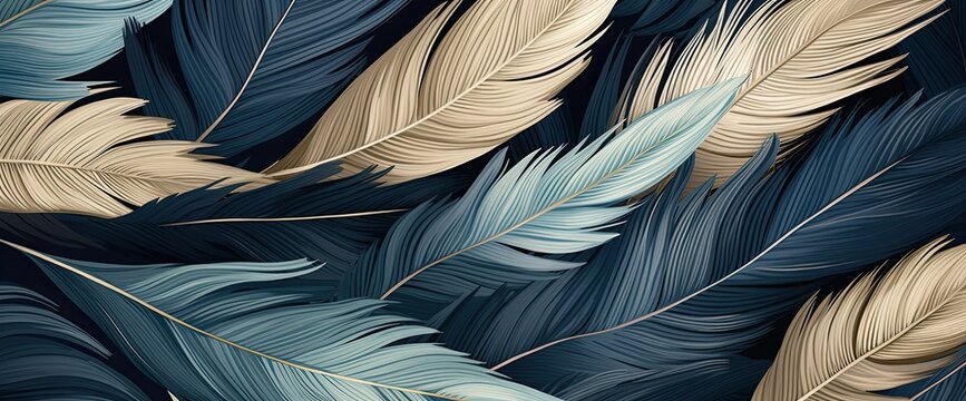 Wallpaper made of palm leaves in blue and gold, in the style of photorealistic pastiche,