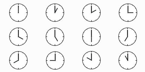 Clock icon set. Time clock icon collection. Line clock symbol isolated on white background. Collection of clock icons with varying times