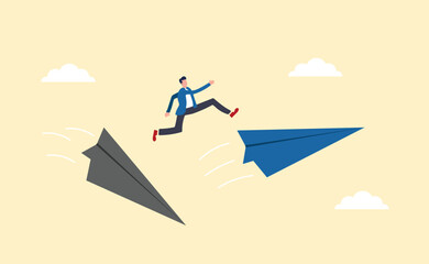 Business and career path concept. Businessman jump over the new paper plane illustration.