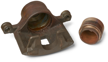 old disc brake caliper and piston, rusty and worn out components in the car hydraulic braking system, regular inspection and maintenance of braking system concept, isolated on white background