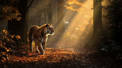 realistic tiger with bushy tail and black ears, walking on a dirt path through a forest with tall...