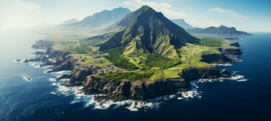 Mountain island and ocean cliff. Generative AI technology. - obrazy, fototapety, plakaty