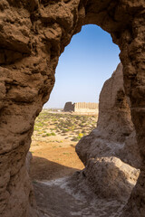 Great Kyz Qala fortress, seen from Little Kyz Qala, in Merv, an ancient city on the Silk Road close to current Mary, Turkmenistan.