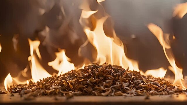 Closeup small pile dried cedar shavings being with match, flames slowly dying down fragrant smoke begins rise.