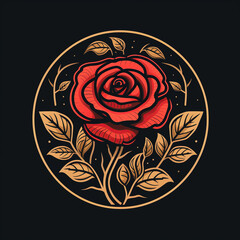 Hand-drawn rose flower in a circle. Vector illustration isolated on a black background. 