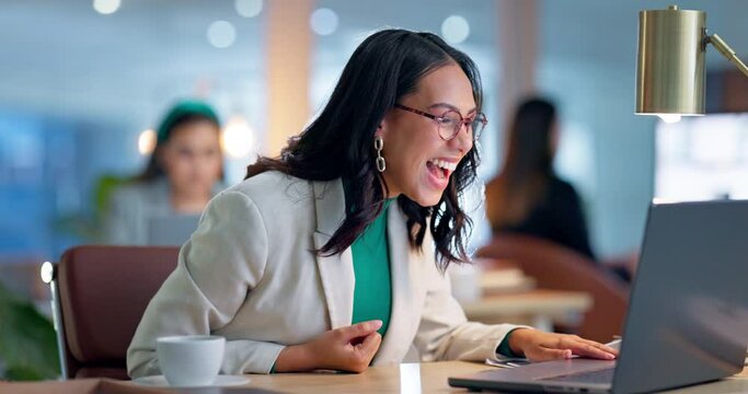 Business, celebration and woman with a laptop, excited and thinking with connection, employee and achievement. Person, worker or consultant with a pc, cheering and happiness with email, app and smile