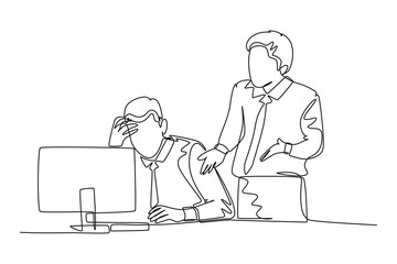 Single continuous line drawing young angry male manager asking his depressed staff for an unfinished job. Work pressure at he office concept. Dynamic one line draw graphic design vector illustration