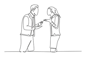 Continuous one line drawing young angry businessman and businesswoman arguing, debating business project at office. Business deal failure concept. Single line draw design vector graphic illustration