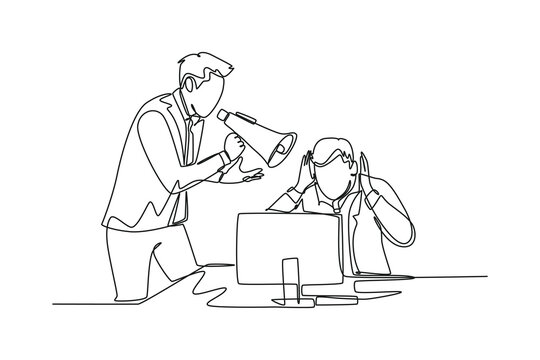 recommend clip art: Single one line drawing young frustrated manager shouting his frightened male staff using megaphone. Work pressure at the office concept. Modern continuous line draw design graphic vector illustration