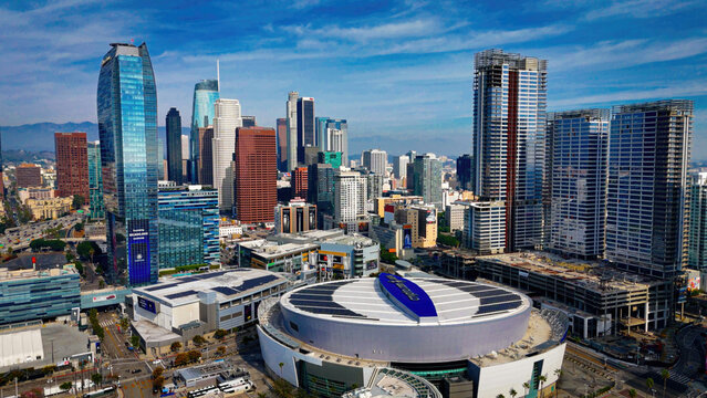 Flight over the Crypto Com Arena in Downtown Los Angeles former Staples Arena - Los Angeles Drone footage - LOS ANGELES, USA - NOVEMBER 5, 2023