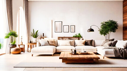 high quality, Captivating Homeliness Biggest Living Room. white color walls, sofa, wooden small table and copy space