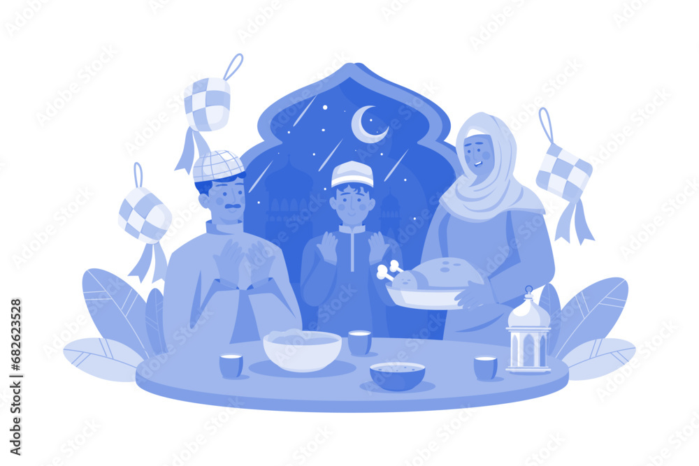 Wall mural Muslim Family Doing Eid Prayer Doing Dinner