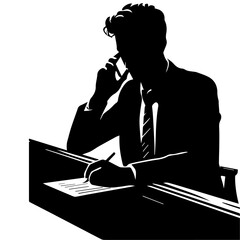 a man sitting at a table talking on a cell phone Vector silhouette illustration