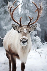 portrait of curious reindeer in snowy forest on winter day