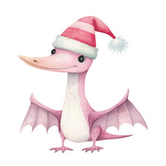 Watercolor illustration of winter dinosaur, Christmas concept, cute animal character isolated on background.