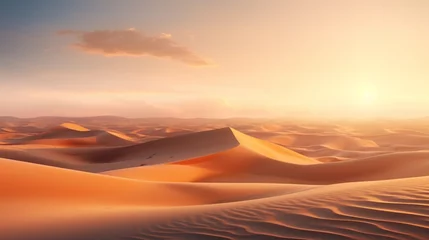 Muurstickers A serene desert landscape with endless sand dunes, touched by the golden rays of the setting sun. © Amna
