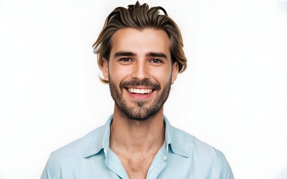 photo portrait of a handsome pretty brunette man smiling with clean teeth. for a dental ad. guy with fresh stylish hair with strong jawline, white background, posing, male model