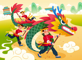 CNY dragon dance illustration