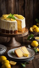 Lemonade cake placed on a rustic wooden table