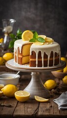 Lemonade cake placed on a rustic wooden table