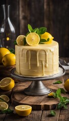 Lemonade cake placed on a rustic wooden table